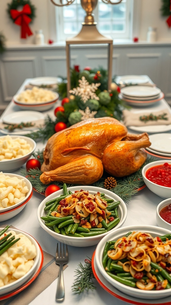 A festive Christmas dinner table with roasted turkey, mashed potatoes, green bean casserole, and cranberry sauce.